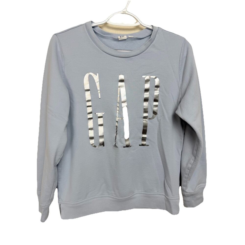 Gap Women's Sweatshirt Sz S Light Blue Silver Logo Side Slits Casual Loungewear